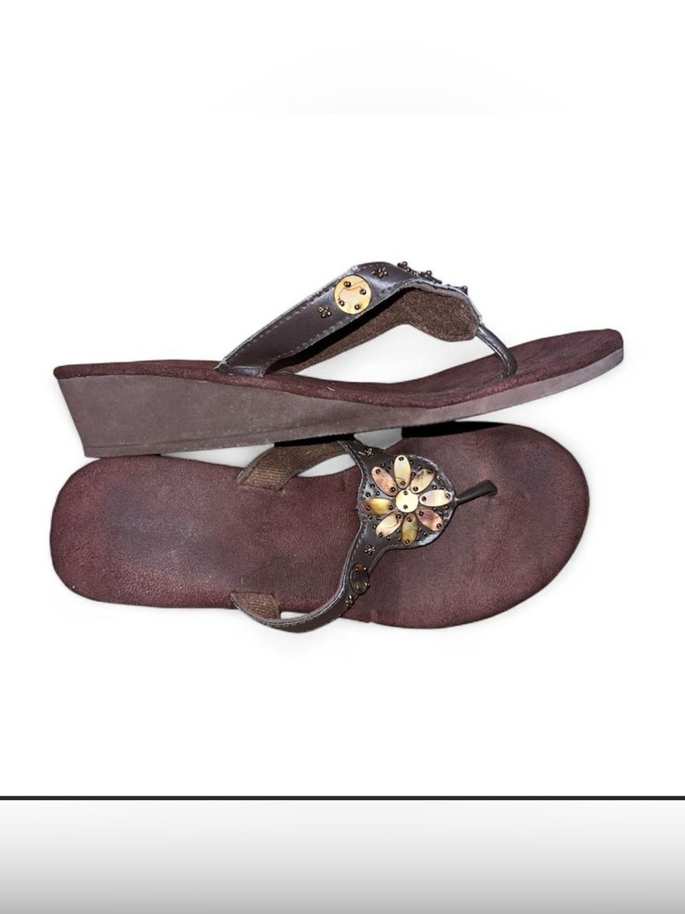 Boho Brown Leather Thong Wedge Sandals w/ MOP Flowers - Size 8-9.5 (10” Sole)